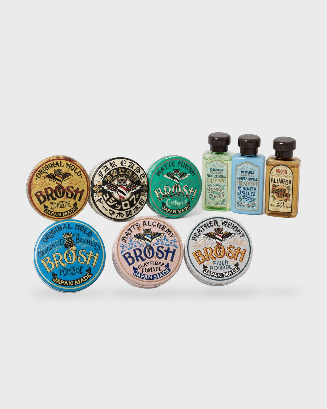 BROSH Trial Kit Plus Care: six pomade minis and three care minis