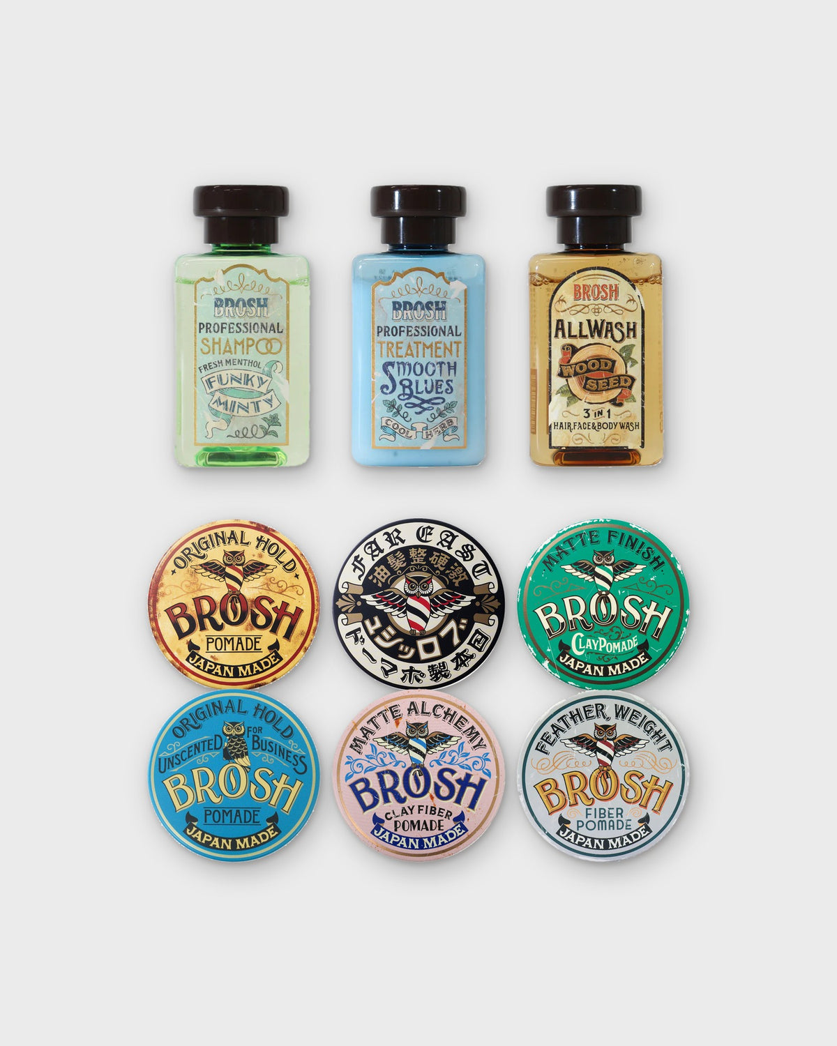 BROSH Trial Kit Plus Care: six 40g mini pomades and three 50ml hair care minis