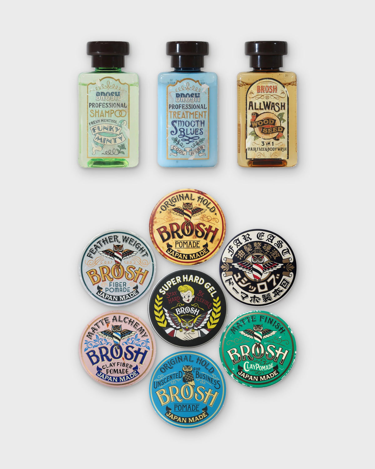 BROSH Ultimate Trial Kit: six 40g mini pomades, mini Super Hard Gel 70g and three 50ml hair care minis
