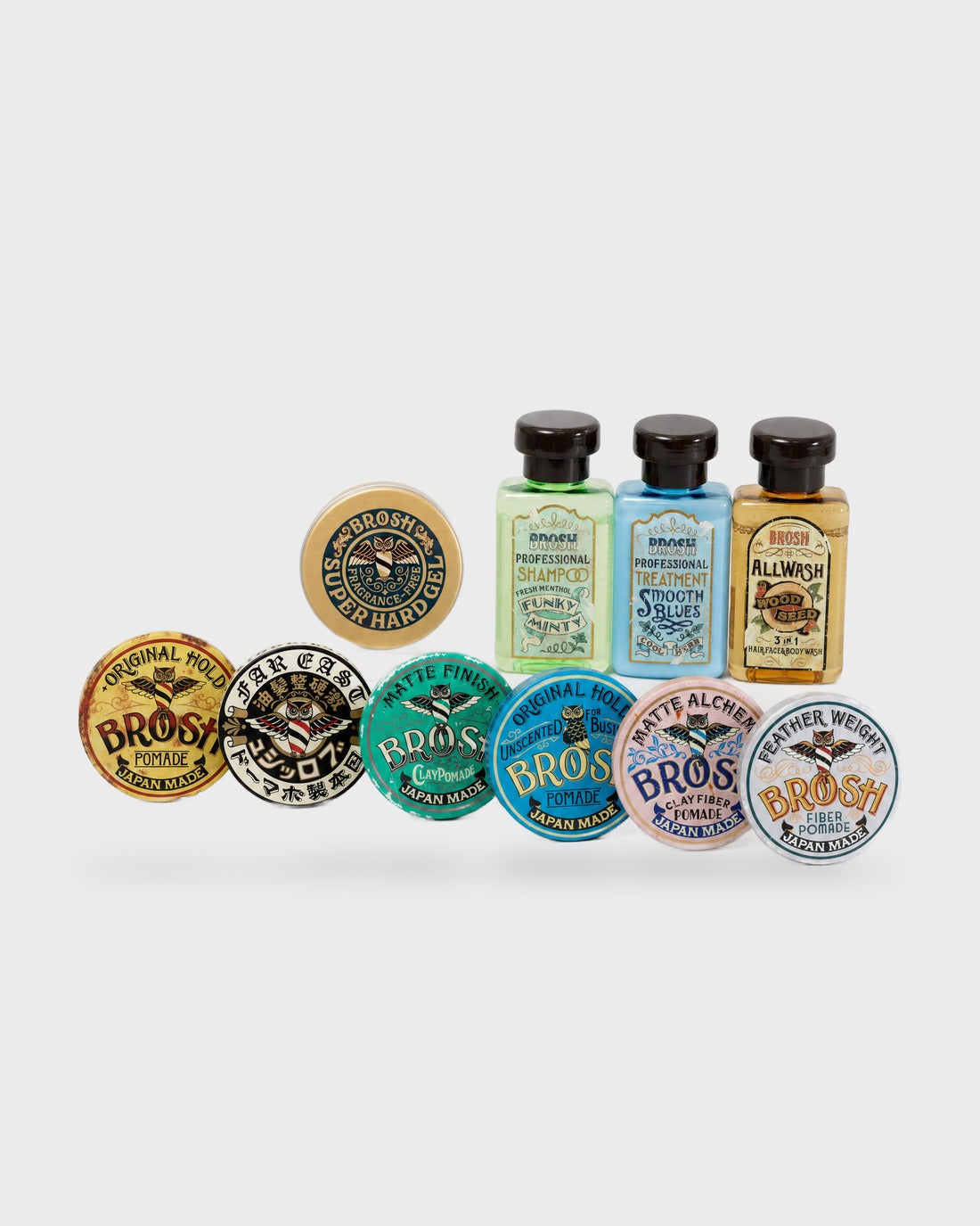BROSH Ultimate Trial Kit: six pomade minis, Super Hard Gel and three care minis