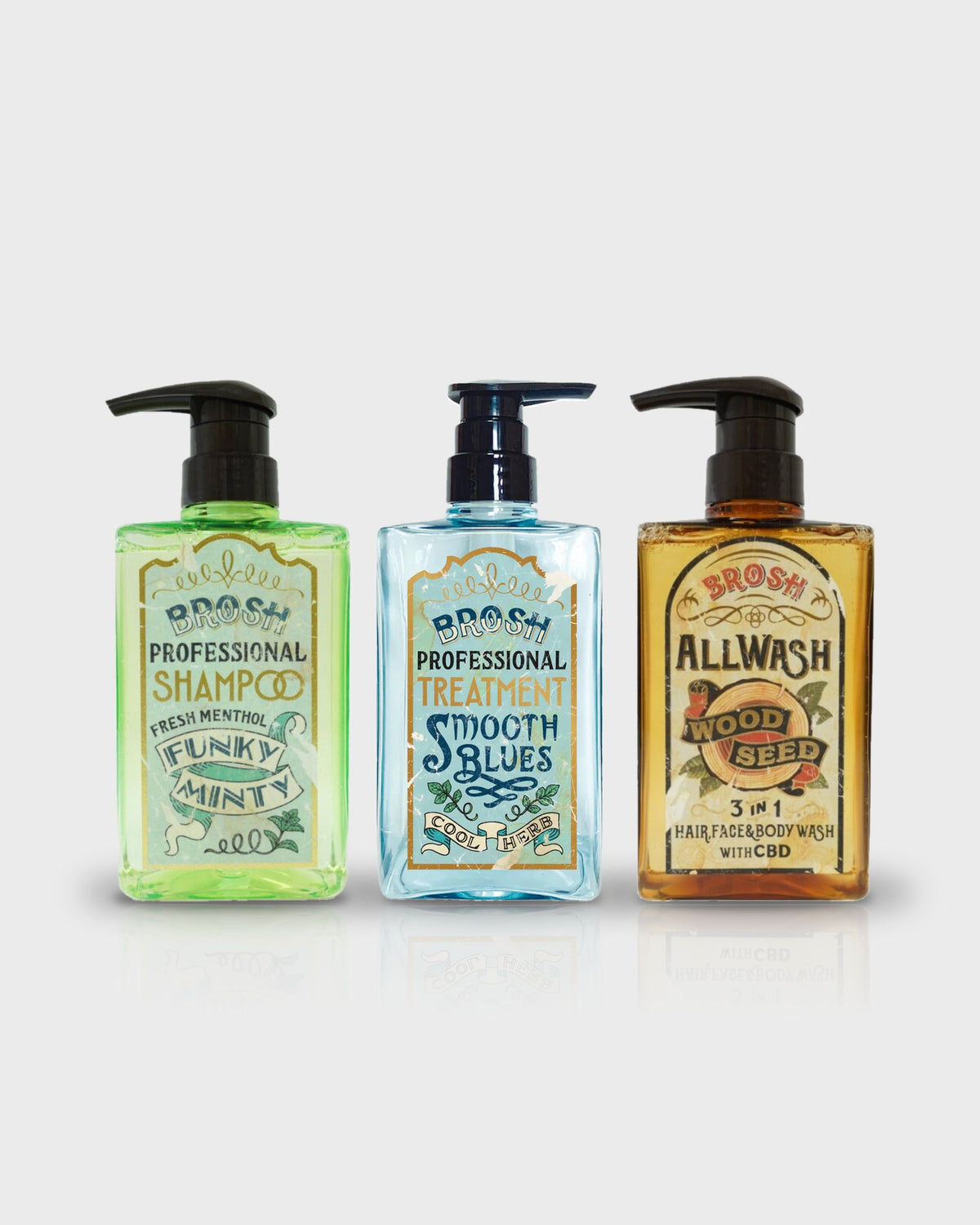 BROSH Hair Care Trio: Funky Minty Shampoo, Smooth Blues Treatment and All Wash Wood Seed, 400ml each